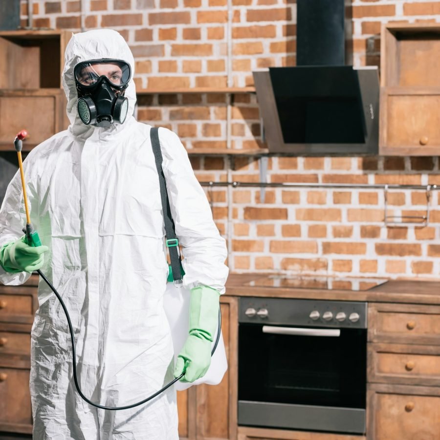 pest control worker standing with sprayer in kitchen
